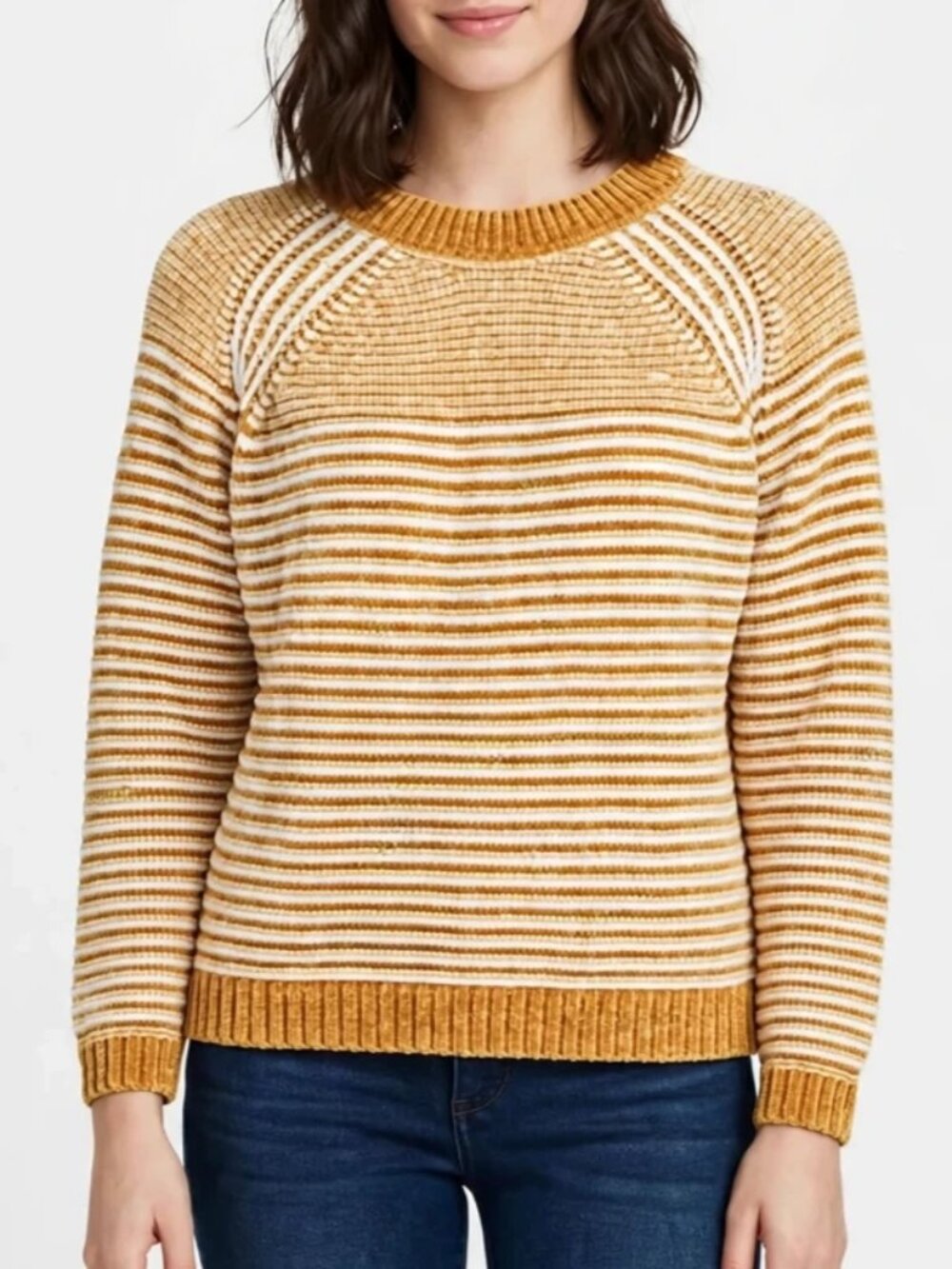 Hazel Moon Womens Chenille Striped Sweater XS NWT Mustard Yellow White Chunky